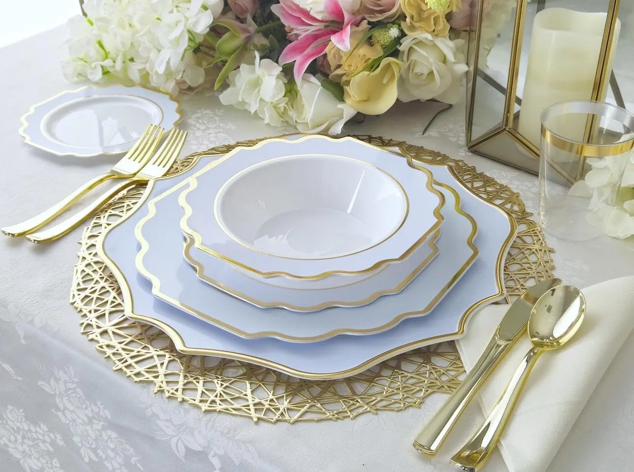 " OCCASIONS " 240 Plates Pack (120 Guests) Heavyweight Wedding Party Disposable Plastic Plates Set -120 x 10.5'' Dinner   120 x 8'' Salad/Dessert Plate (Imperial in White/Blue & Gold)