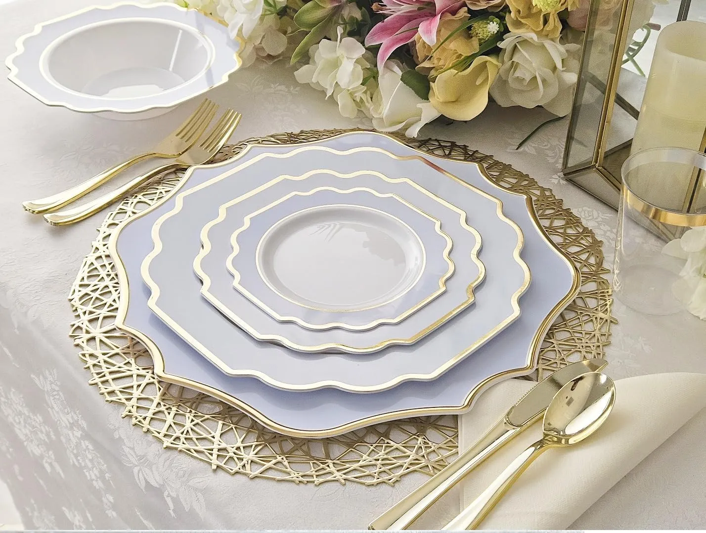 " OCCASIONS " 240 Plates Pack (120 Guests) Heavyweight Wedding Party Disposable Plastic Plates Set -120 x 10.5'' Dinner   120 x 8'' Salad/Dessert Plate (Imperial in White/Blue & Gold)