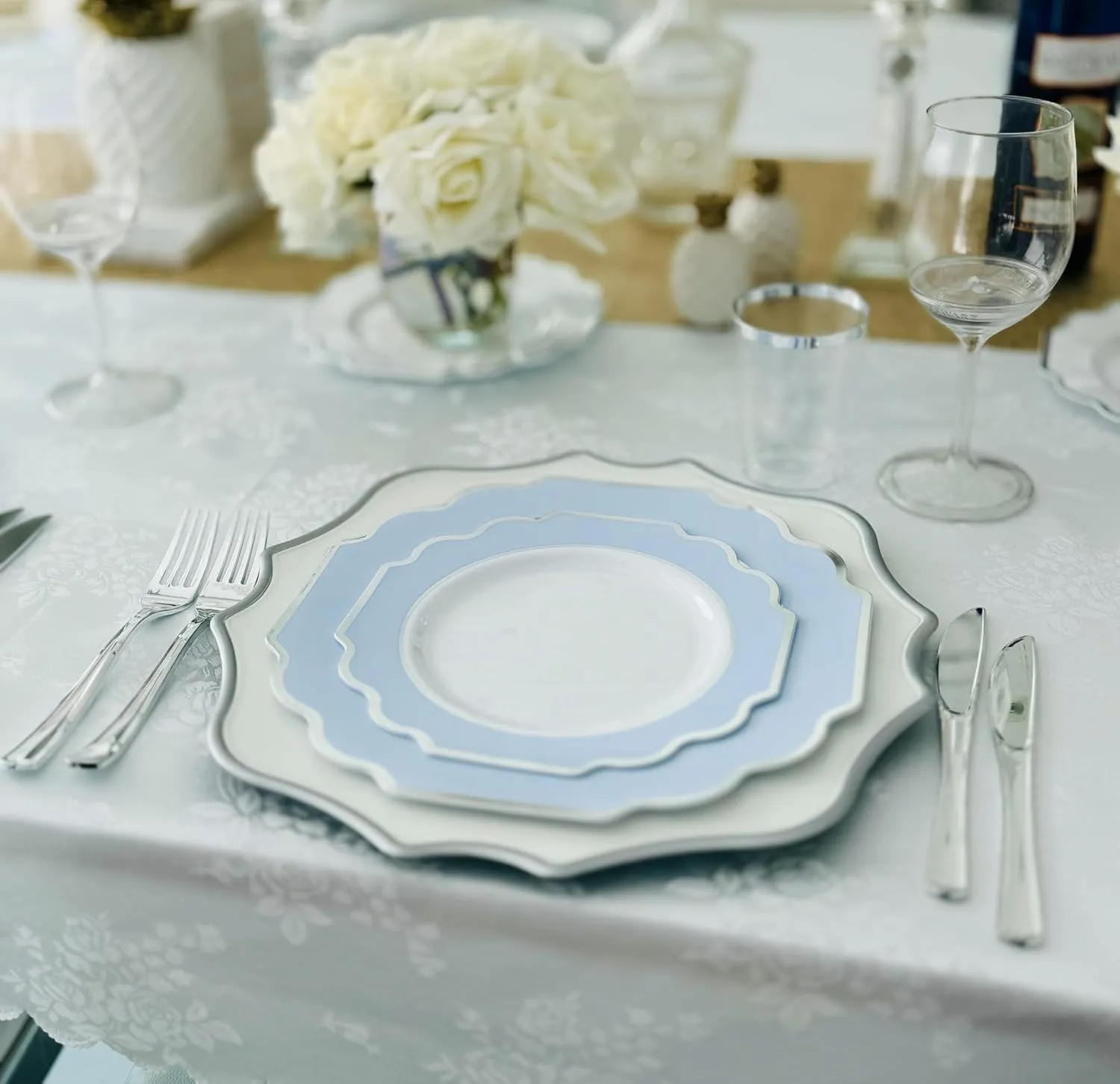 " OCCASIONS " 240 Plates Pack (120 Guests) Heavyweight Wedding Party Disposable Plastic Plates Set -120 x 10.5'' Dinner   120 x 8'' Salad/Dessert Plate (Imperial in White/Blue & Silver)
