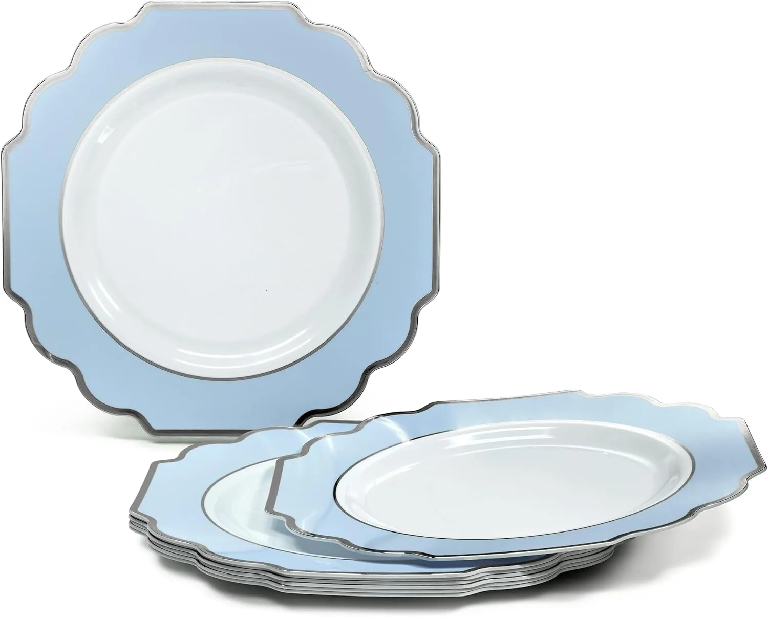 " OCCASIONS " 240 Plates Pack (120 Guests) Heavyweight Wedding Party Disposable Plastic Plates Set -120 x 10.5'' Dinner   120 x 8'' Salad/Dessert Plate (Imperial in White/Blue & Silver)