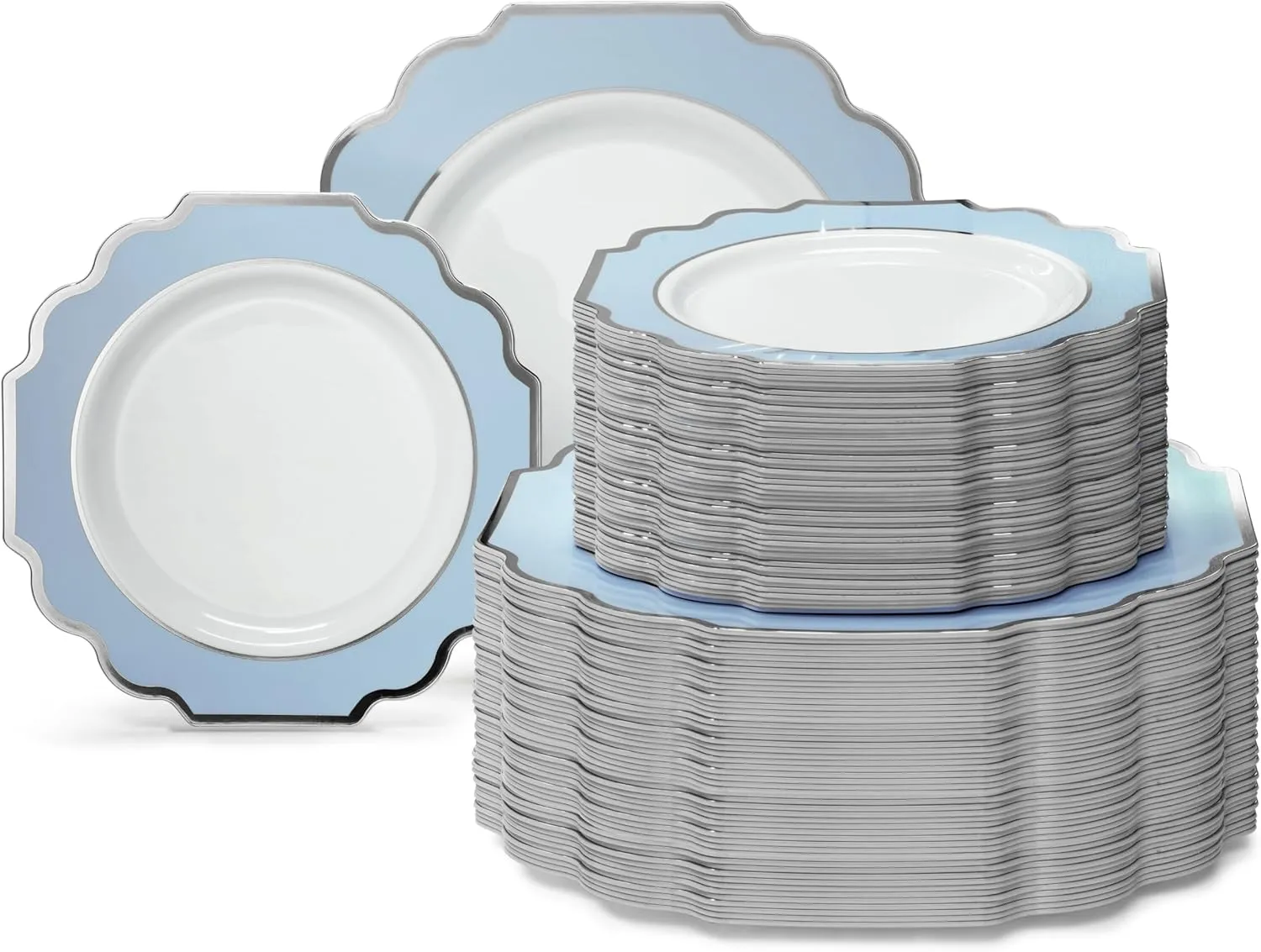 " OCCASIONS " 240 Plates Pack (120 Guests) Heavyweight Wedding Party Disposable Plastic Plates Set -120 x 10.5'' Dinner   120 x 8'' Salad/Dessert Plate (Imperial in White/Blue & Silver)