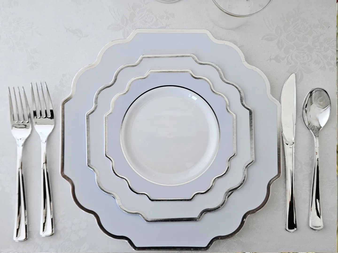 " OCCASIONS " 240 Plates Pack (120 Guests) Heavyweight Wedding Party Disposable Plastic Plates Set -120 x 10.5'' Dinner   120 x 8'' Salad/Dessert Plate (Imperial in White/Blue & Silver)
