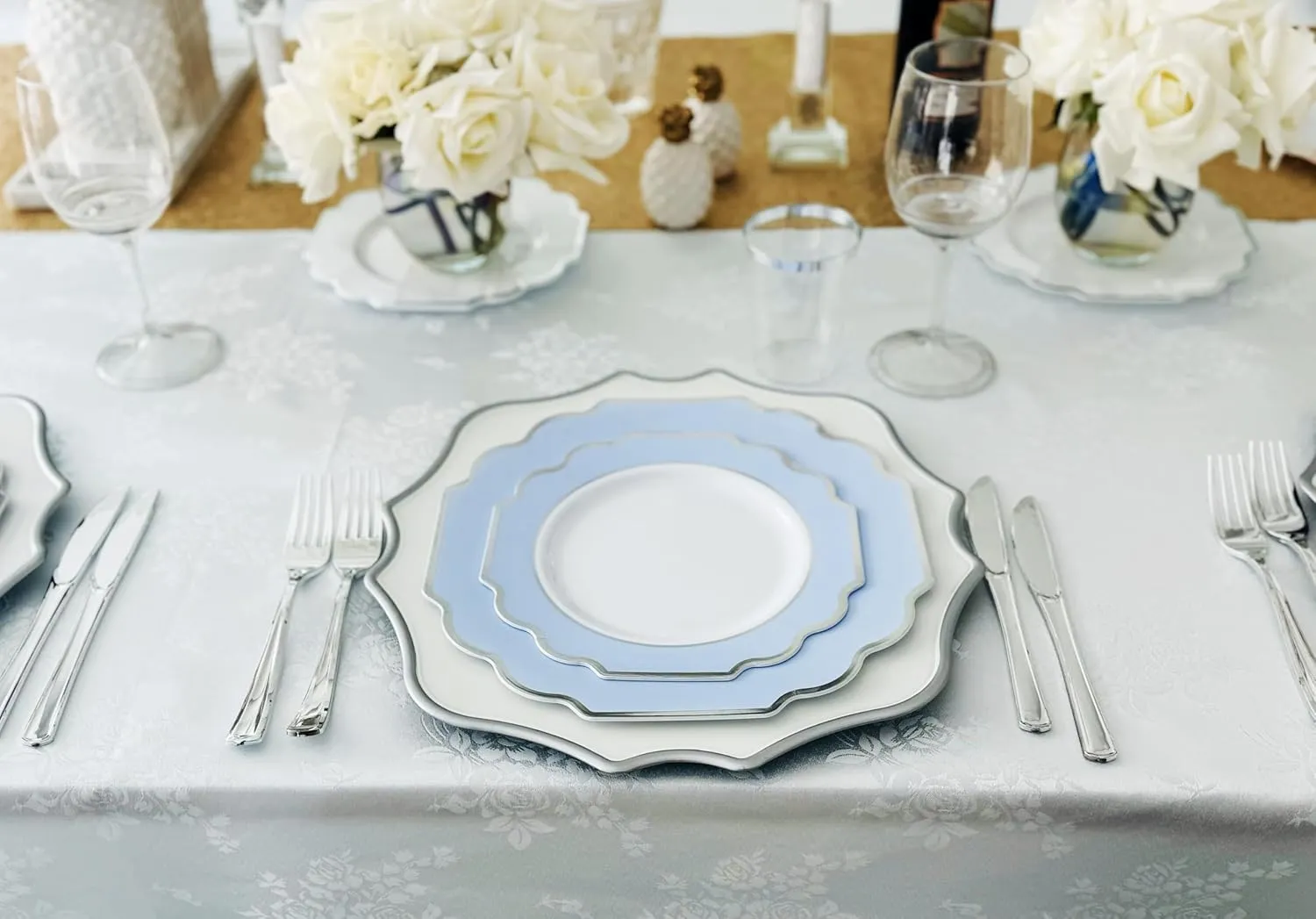 " OCCASIONS " 240 Plates Pack (120 Guests) Heavyweight Wedding Party Disposable Plastic Plates Set -120 x 10.5'' Dinner   120 x 8'' Salad/Dessert Plate (Imperial in White/Blue & Silver)