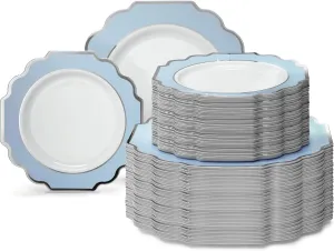 " OCCASIONS " 240 Plates Pack (120 Guests) Heavyweight Wedding Party Disposable Plastic Plates Set -120 x 10.5'' Dinner   120 x 8'' Salad/Dessert Plate (Imperial in White/Blue & Silver)