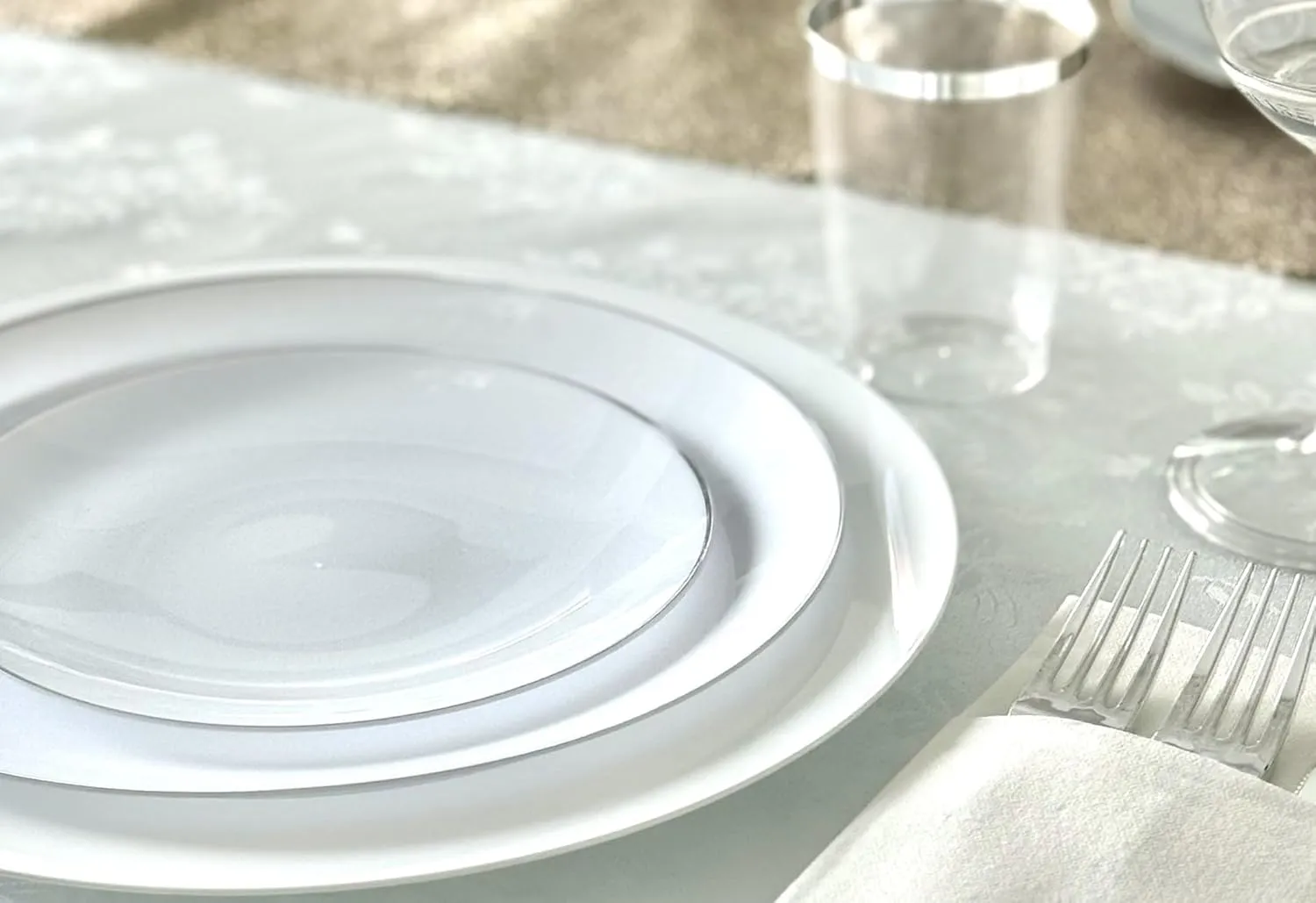 " OCCASIONS " 240 Plates Pack,(120 Guests) Premium Wedding Party Disposable Plastic Plates Set -120 x 10.25'' Dinner   120 x 7.5'' Salad/Dessert (Bali, White & Silver)