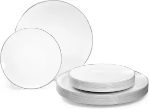 " OCCASIONS " 240 Plates Pack,(120 Guests) Premium Wedding Party Disposable Plastic Plates Set -120 x 10.25'' Dinner   120 x 7.5'' Salad/Dessert (Bali, White & Silver)