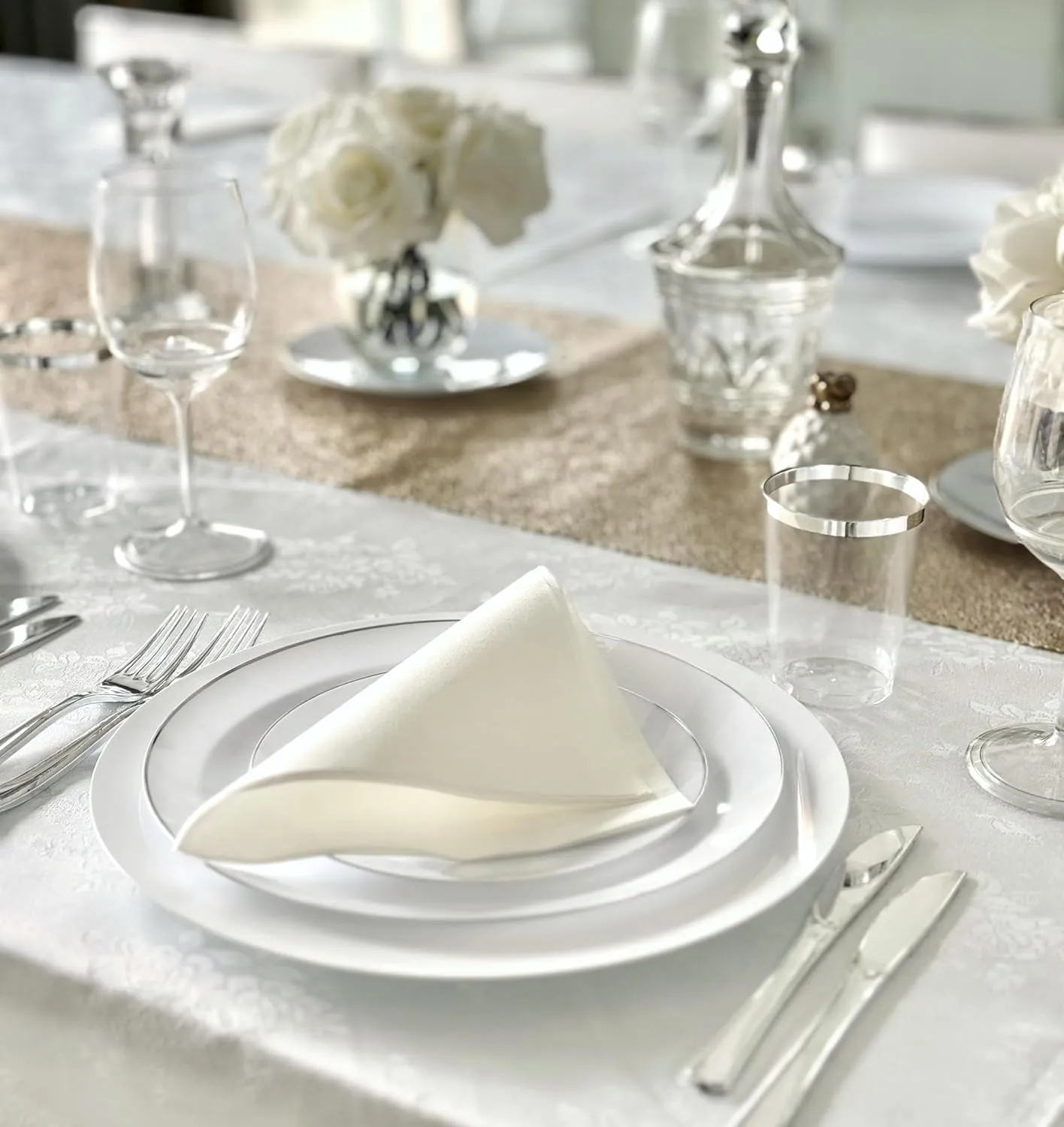 " OCCASIONS " 240 Plates Pack,(120 Guests) Premium Wedding Party Disposable Plastic Plates Set -120 x 10.25'' Dinner   120 x 7.5'' Salad/Dessert (Bali, White & Silver)