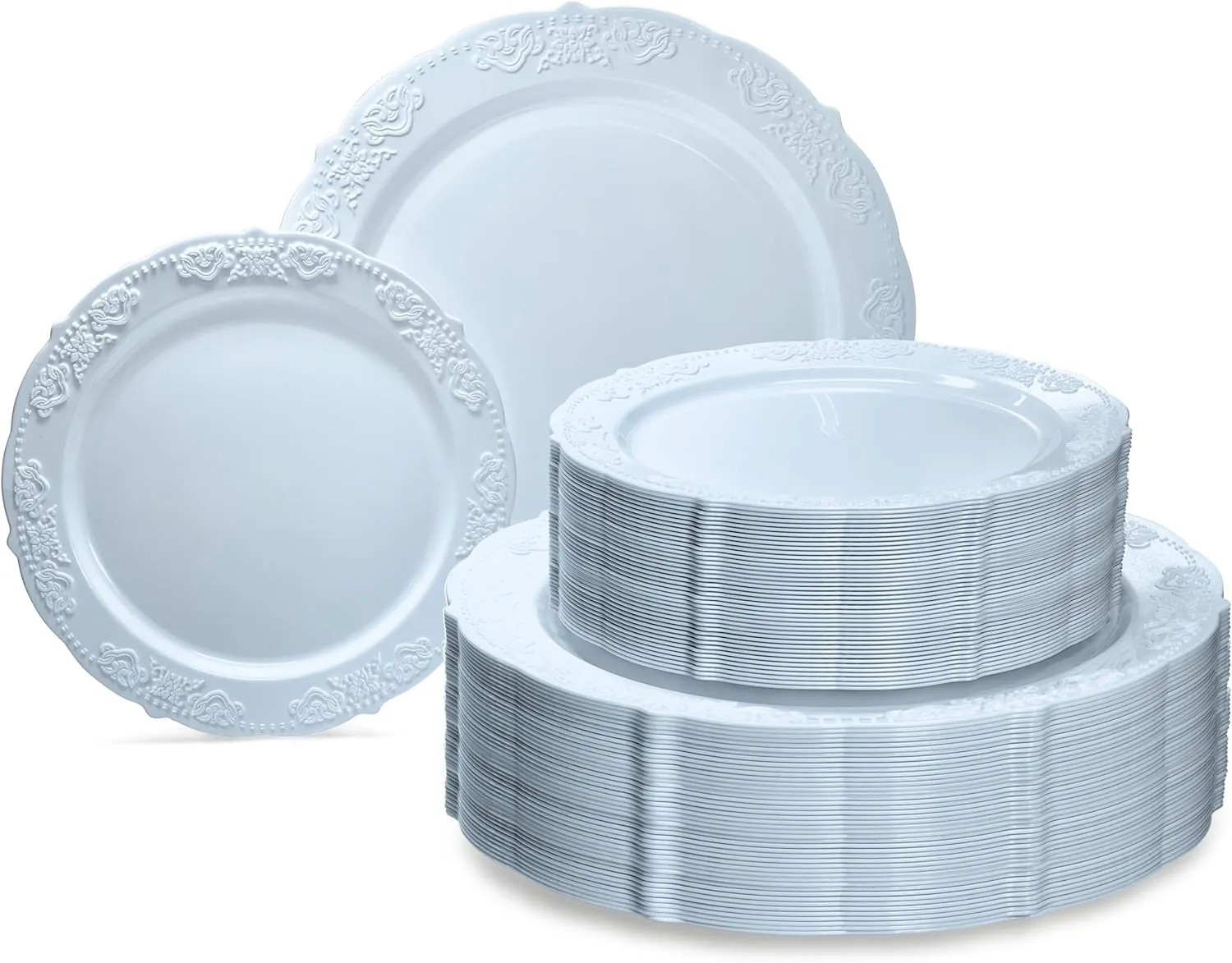 " OCCASIONS " 240 Plates Pack,(120 Guests) Vintage Wedding Party Disposable Plastic Plates Set-120x10.25'' Dinner  120x7.5'' Salad/Dessert Plate (Portofino Plain Blue)