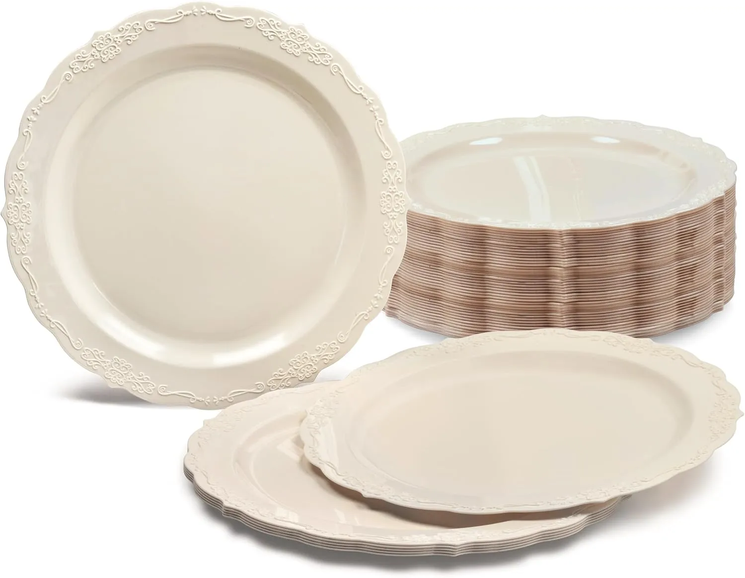 " OCCASIONS " 40 Plates Pack, Disposable Vintage Wedding Party Plastic Plates (10'' Dinner Plate, Verona in Ivory)