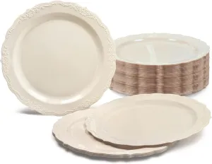 " OCCASIONS " 40 Plates Pack, Disposable Vintage Wedding Party Plastic Plates (10'' Dinner Plate, Verona in Ivory)