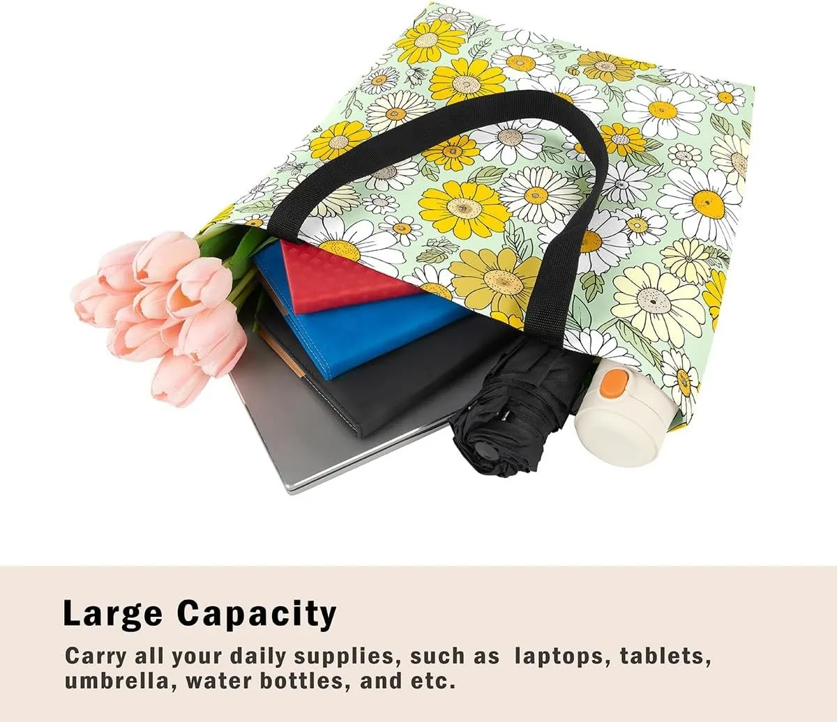Rainbow Canvas Tote Bag for Women,Love Hearts Duffle Bag Colorful Cartoon Raindrop Reusable Grocery Shoulder Bag