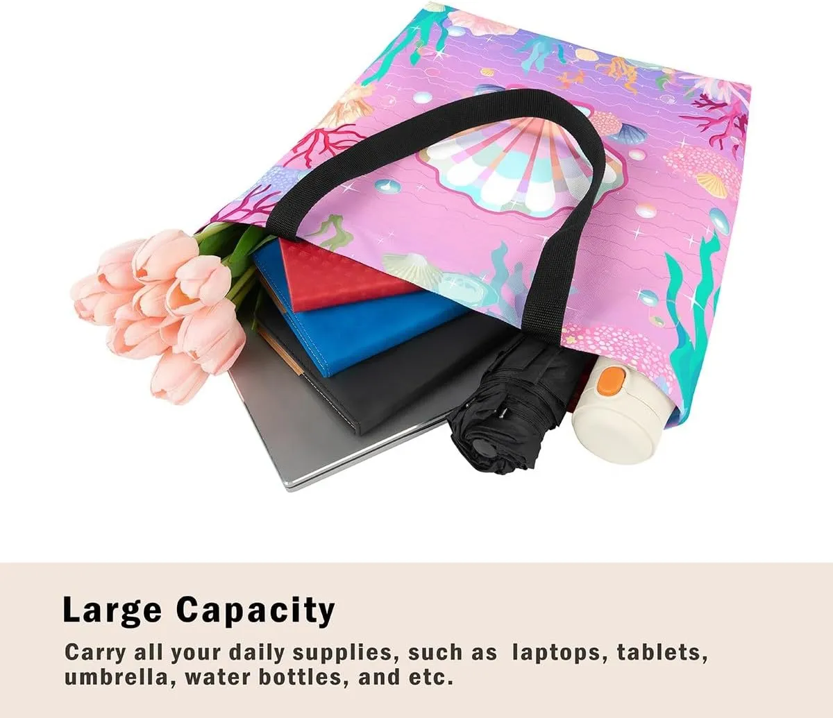 Rainbow Unicorn Canvas Tote Bag,Pastel Pink Kawaii Shoulder Bag Cute Horse Princess Cartoon Animal Shoulder Bag