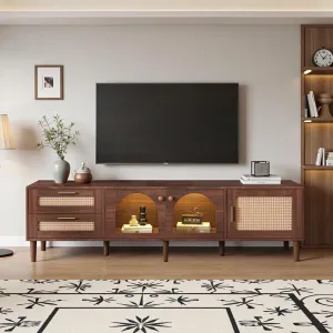 Rattan TV Stand for 75 Inch TV, Modern Farmhouse Media Console with Solid Wood Legs, Multi-Functional Storage & Cable Management, Easy Assembly Entertainment Center for Living Room Home