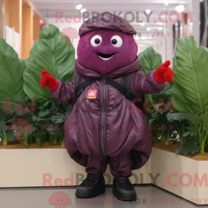 Red Cabbage Leaf mascot costume character dressed with a Leather Jacket and Mittens