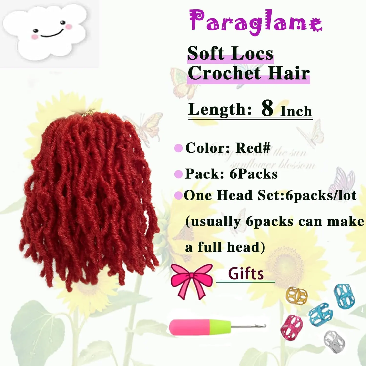 Red Faux Locs 8 Inch Soft Locs Crochet Hair for Kids, Pre-looped Short Goddess Locs Crochet Hair Extensions for Women(8Inch, 6Packs)