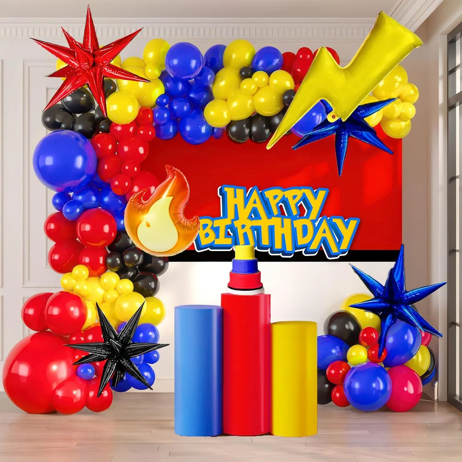 Red yellow Blue black balloon garland kit 130pcs with Flash lightining fire Starburst mylar balloons for Cartoon birthday poke theme ball Party decorations