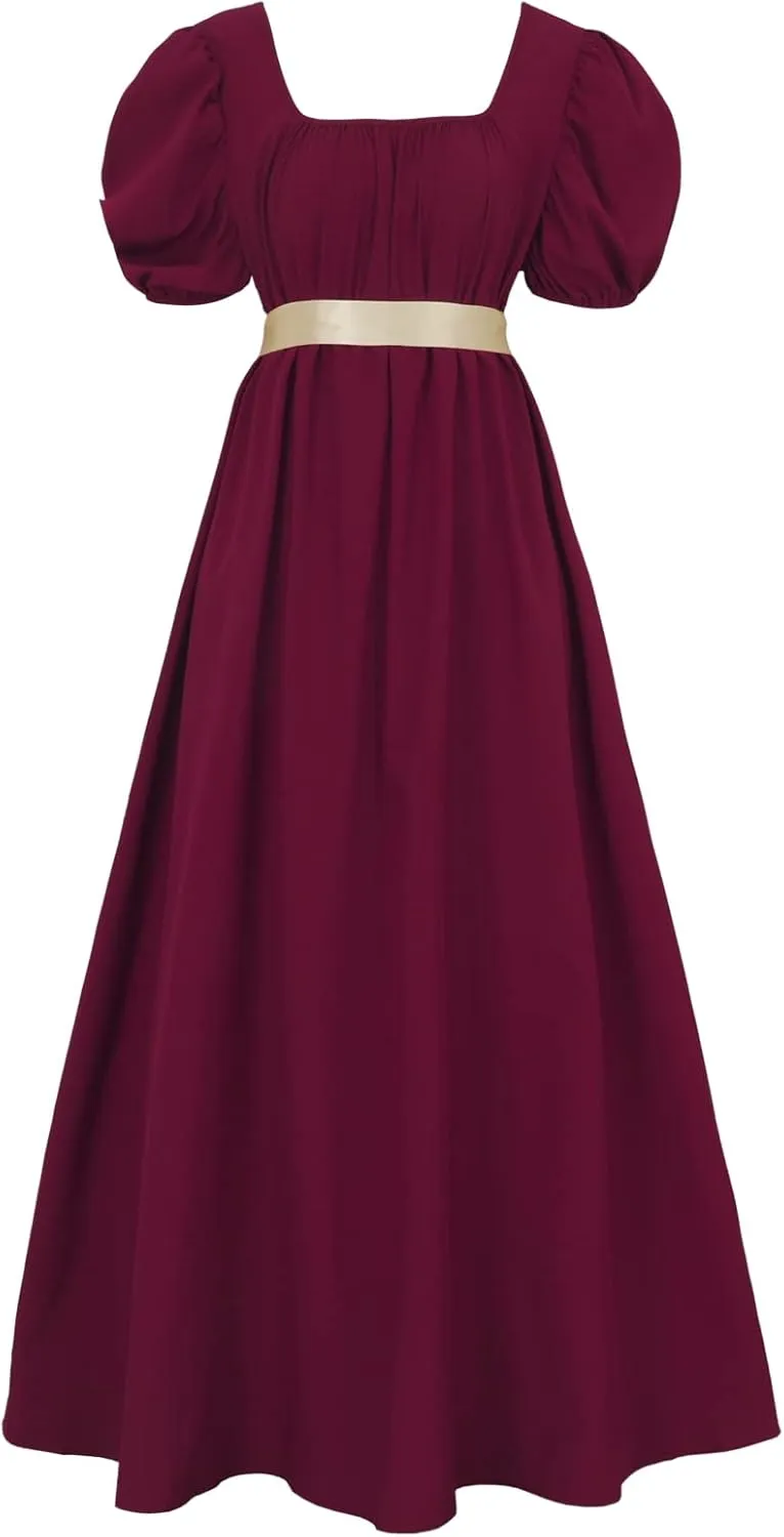 Regency Dresses for Women with Satin Sash Ruffled Puff Sleeve Empire Waist Dress Gown