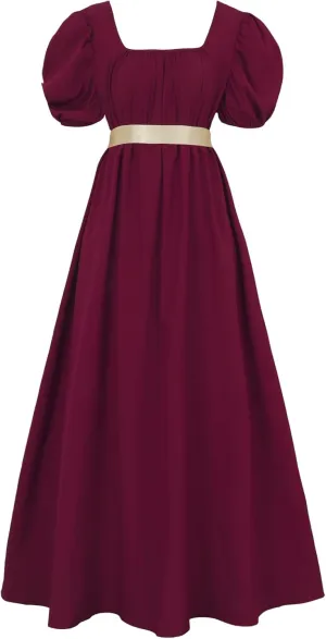 Regency Dresses for Women with Satin Sash Ruffled Puff Sleeve Empire Waist Dress Gown