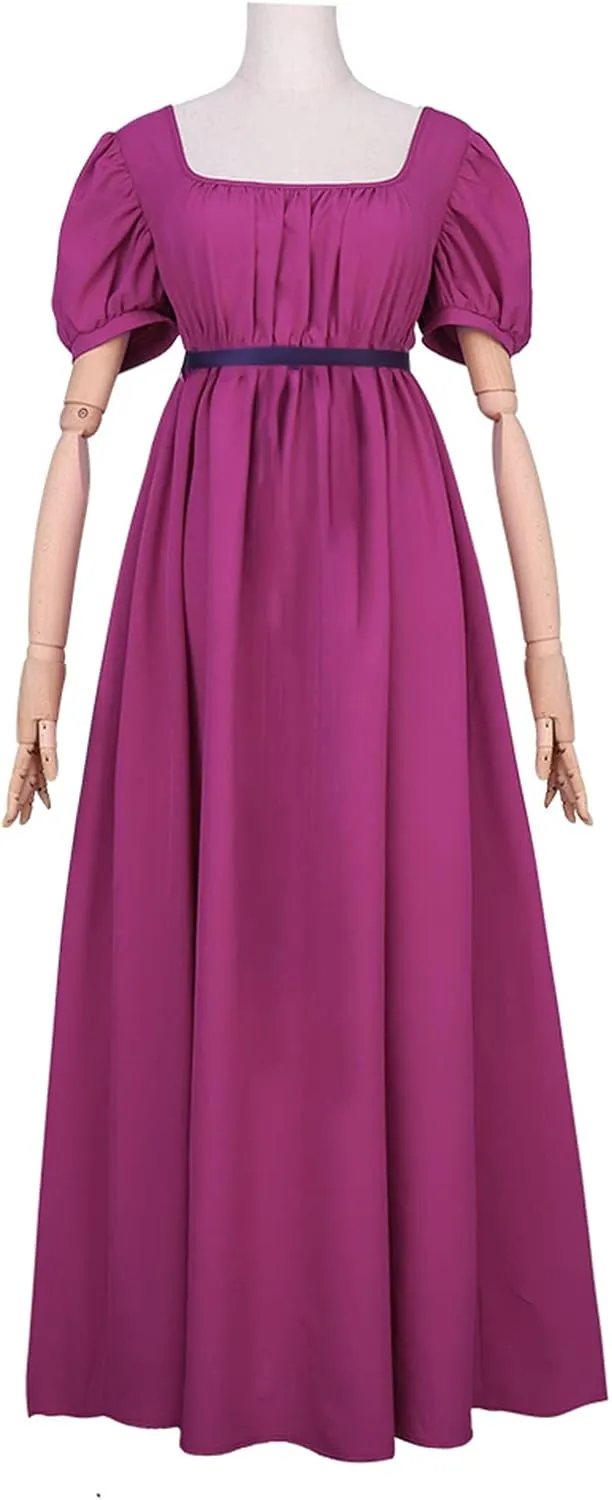 Regency Dresses for Women with Satin Sash Ruffled Puff Sleeve Empire Waist Dress Gown