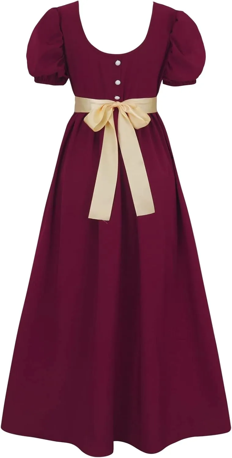 Regency Dresses for Women with Satin Sash Ruffled Puff Sleeve Empire Waist Dress Gown