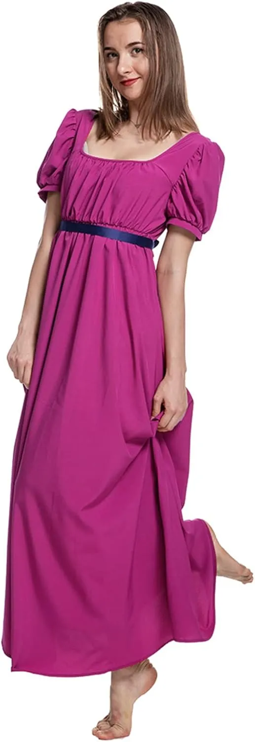 Regency Dresses for Women with Satin Sash Ruffled Puff Sleeve Empire Waist Dress Gown