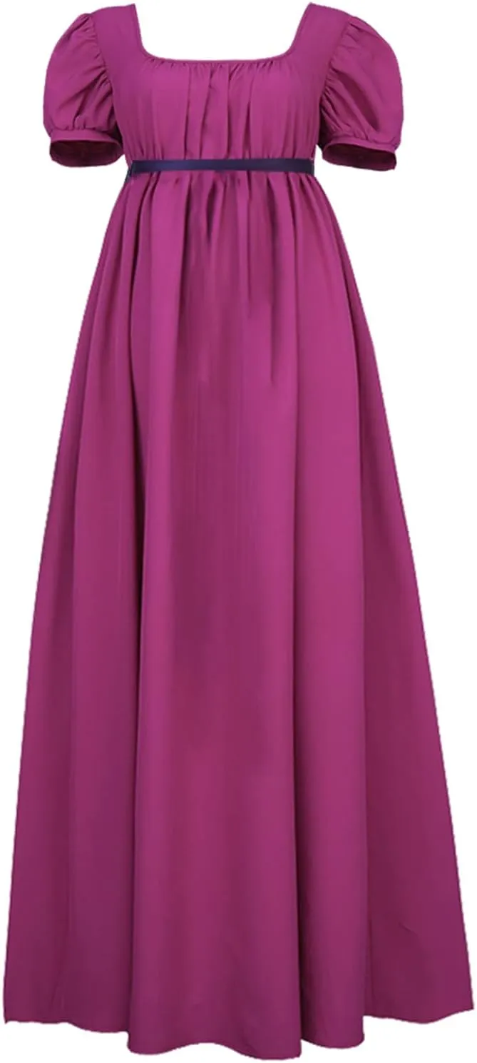 Regency Dresses for Women with Satin Sash Ruffled Puff Sleeve Empire Waist Dress Gown