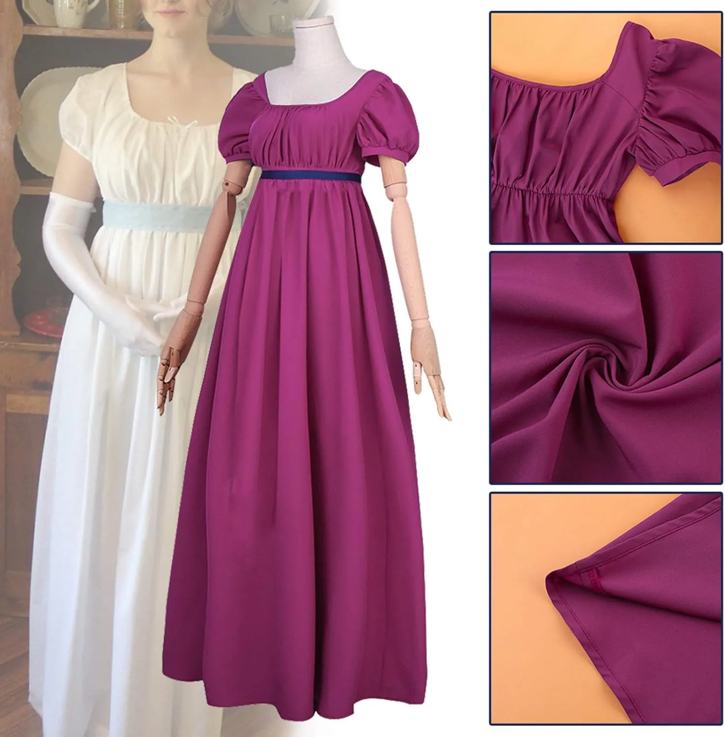 Regency Dresses for Women with Satin Sash Ruffled Puff Sleeve Empire Waist Dress Gown