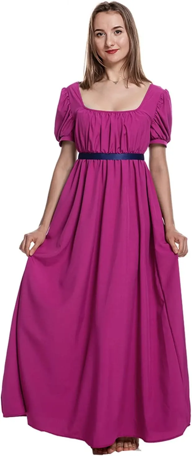 Regency Dresses for Women with Satin Sash Ruffled Puff Sleeve Empire Waist Dress Gown