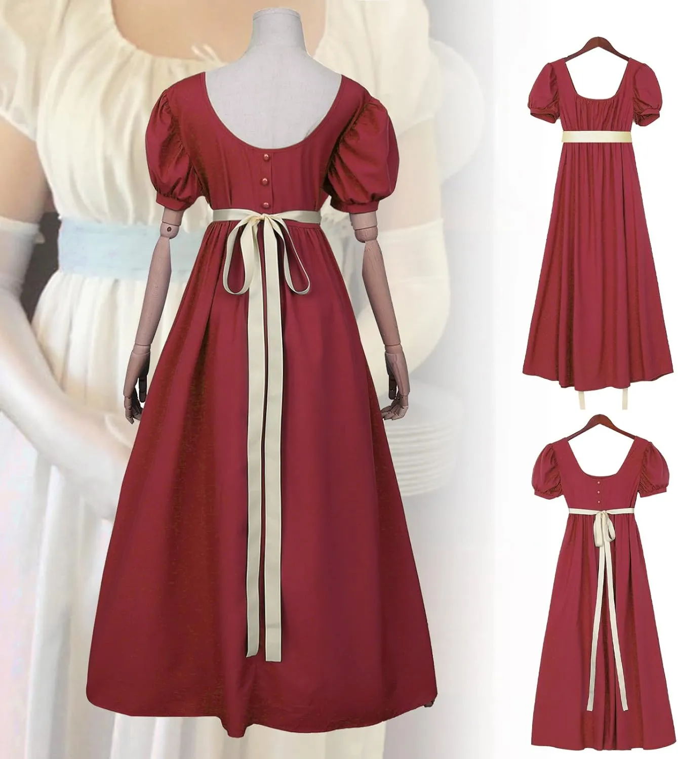 Regency Dresses for Women with Satin Sash Ruffled Puff Sleeve Empire Waist Dress Gown