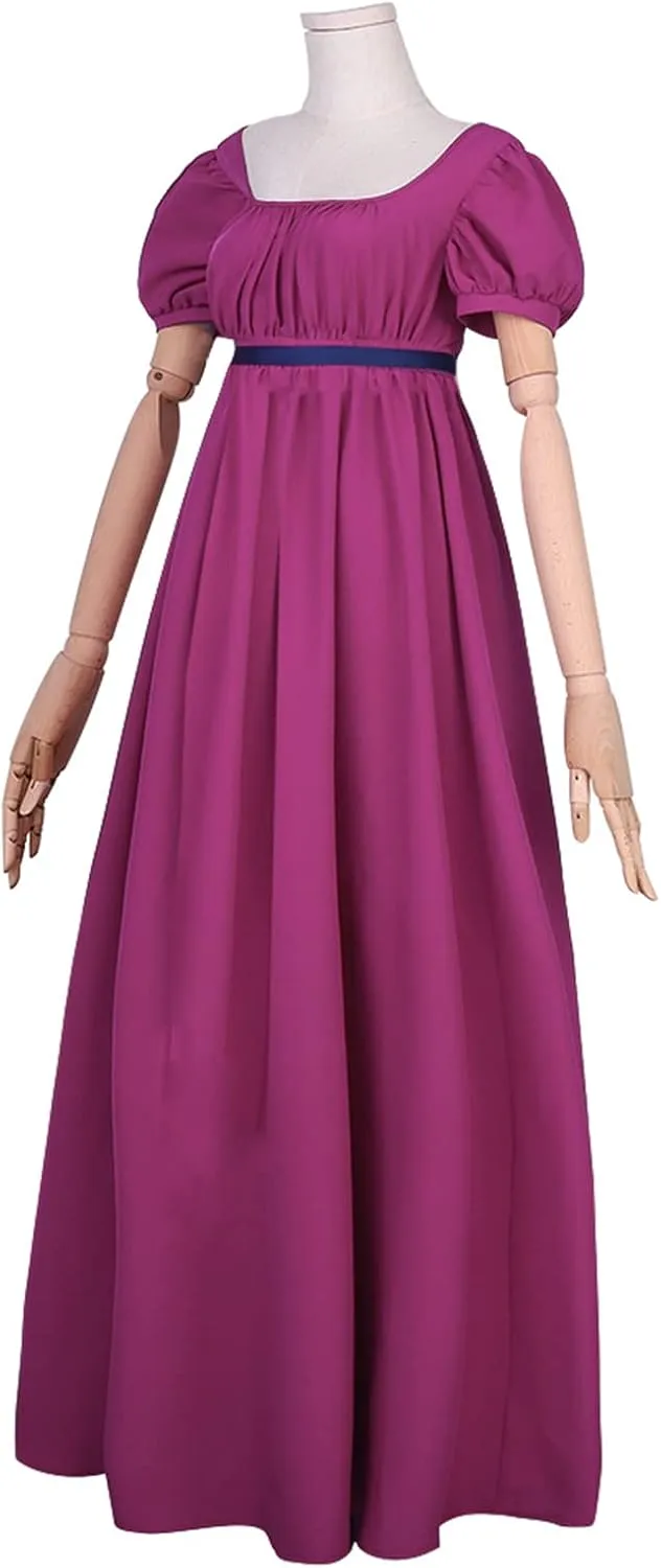 Regency Dresses for Women with Satin Sash Ruffled Puff Sleeve Empire Waist Dress Gown