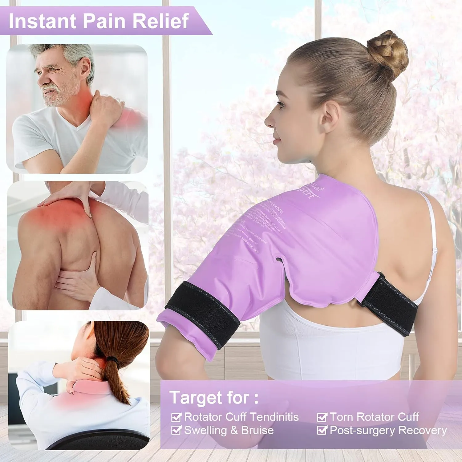 Relief Expert Extra Large Shoulder Ice Pack Wrap Reusable Rotator Cuff Cold Compression for Left or Right Shoulder and Upper Arm, Large Gel Cold Pack Wrap for Arm with Soft Plush Lining - Pink