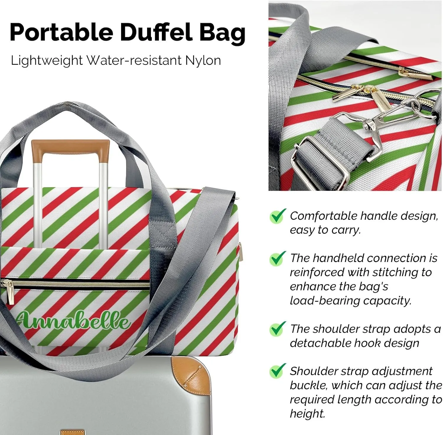 Retro Red Green Stripes Personalized Duffel Bag with Name Custom Travel Bag for Woman Men Sports Gym Dance Bags Wet Dry Pockets Shoes Compartment Overnight Weekend Bag