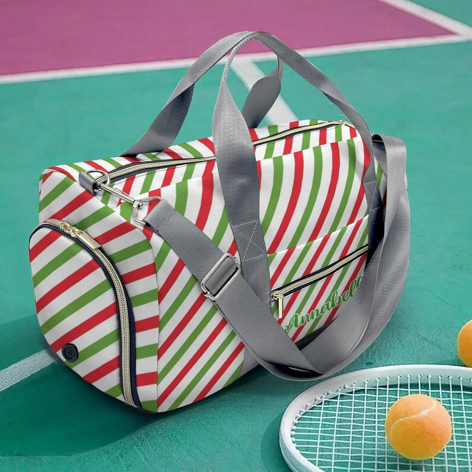 Retro Red Green Stripes Personalized Duffel Bag with Name Custom Travel Bag for Woman Men Sports Gym Dance Bags Wet Dry Pockets Shoes Compartment Overnight Weekend Bag