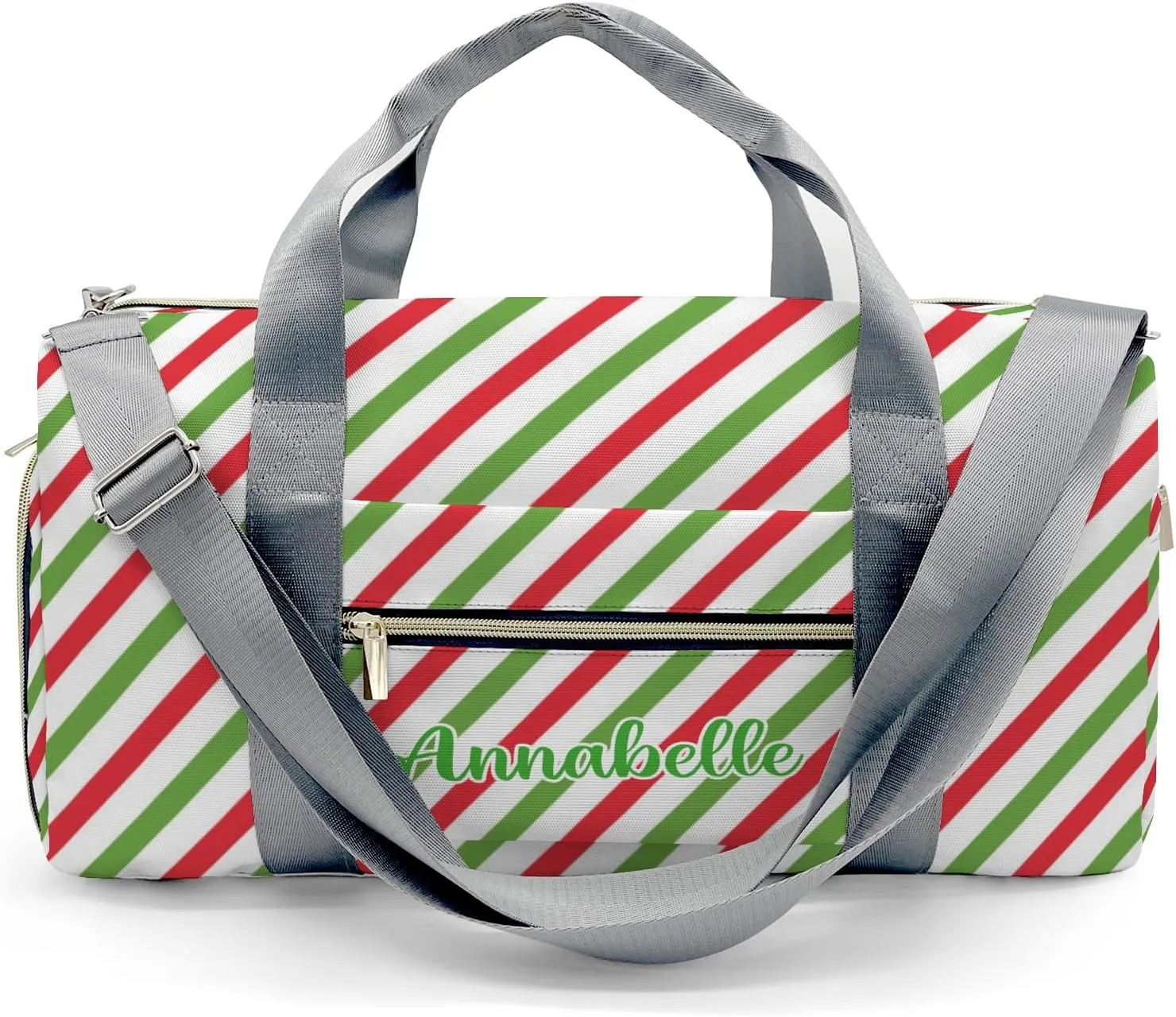 Retro Red Green Stripes Personalized Duffel Bag with Name Custom Travel Bag for Woman Men Sports Gym Dance Bags Wet Dry Pockets Shoes Compartment Overnight Weekend Bag
