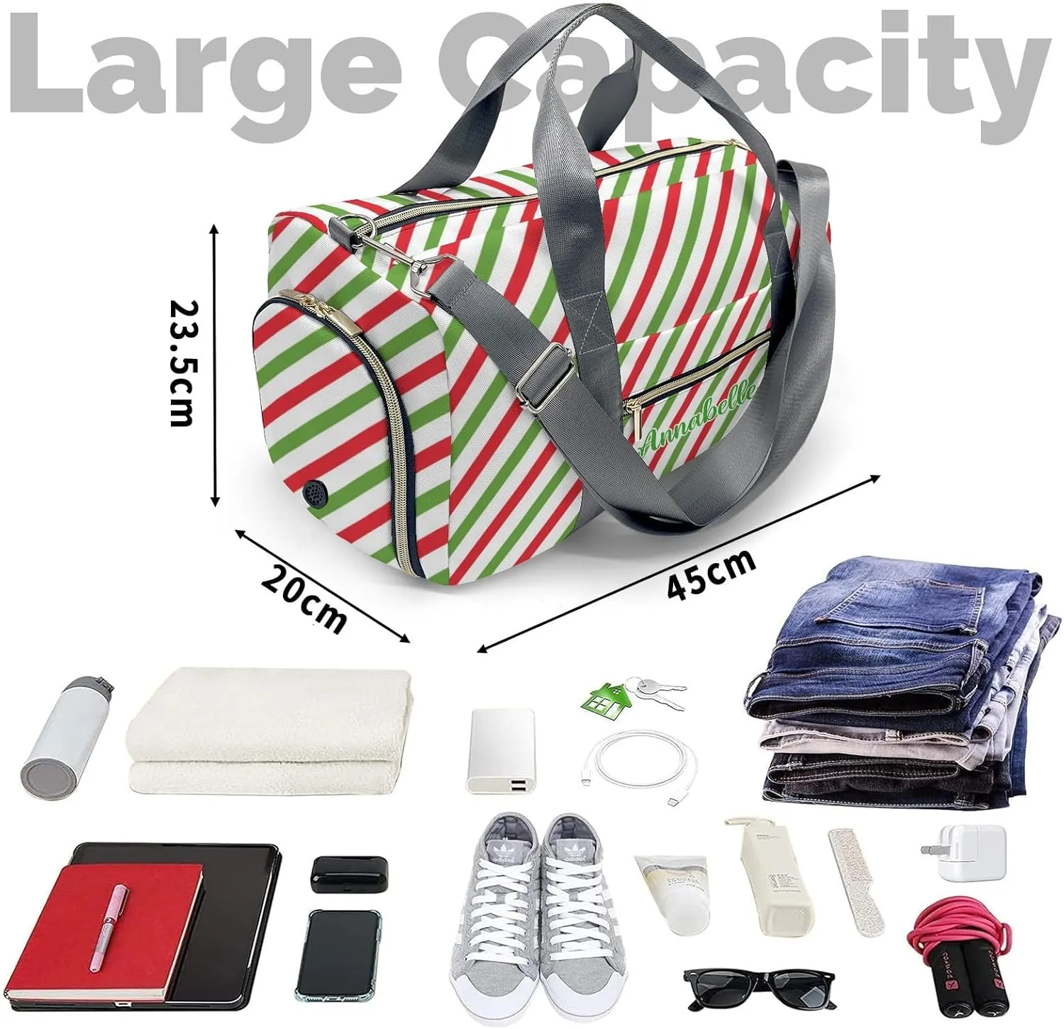 Retro Red Green Stripes Personalized Duffel Bag with Name Custom Travel Bag for Woman Men Sports Gym Dance Bags Wet Dry Pockets Shoes Compartment Overnight Weekend Bag