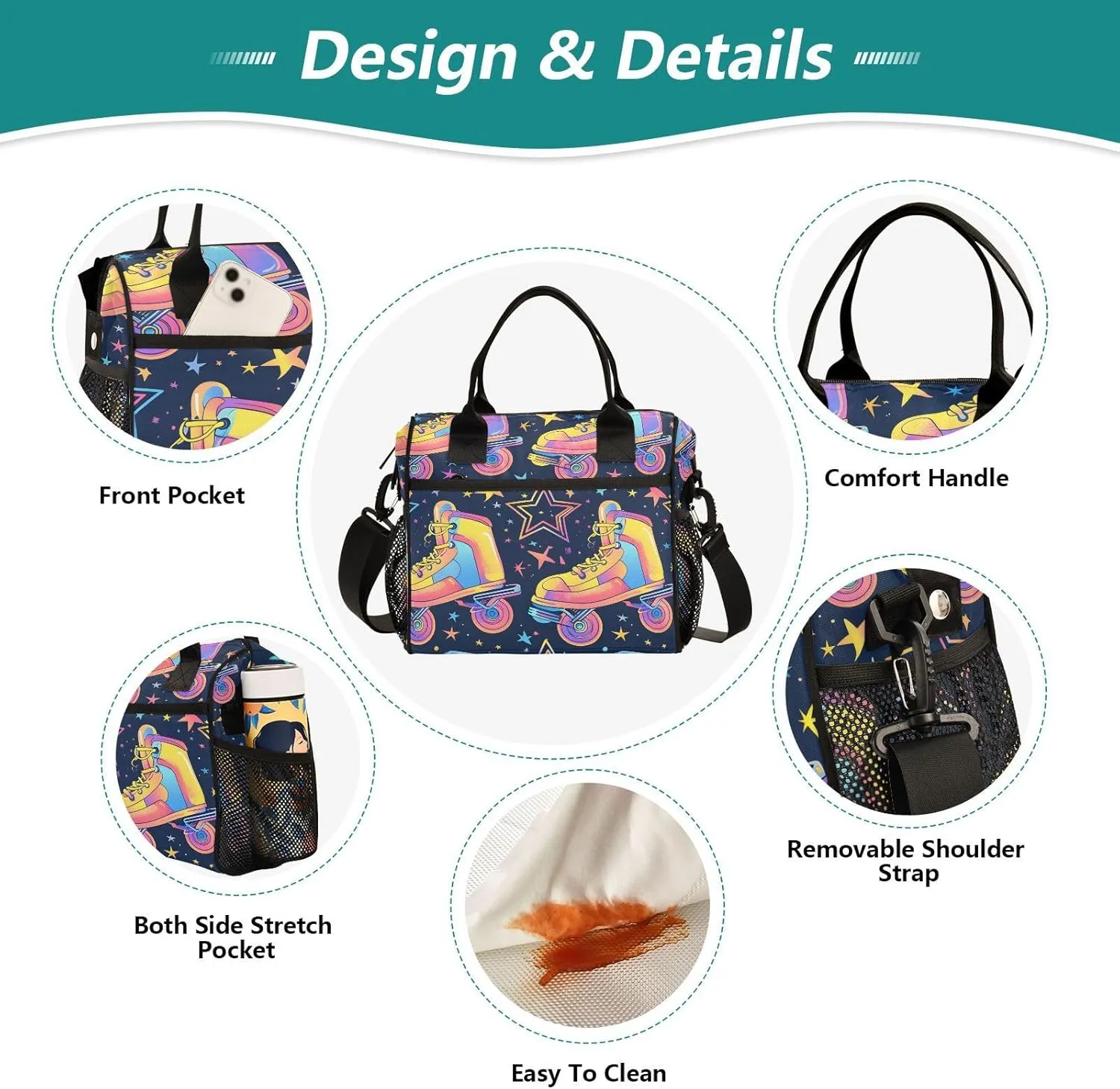 Retro Rollers Skates Disco Lunch Bag Women Cooler Bags Lunch Tote Bags for Men Reusable Insulated Lunch Box Crossbody with Shoulder Strap Leakproof Work Picnic S