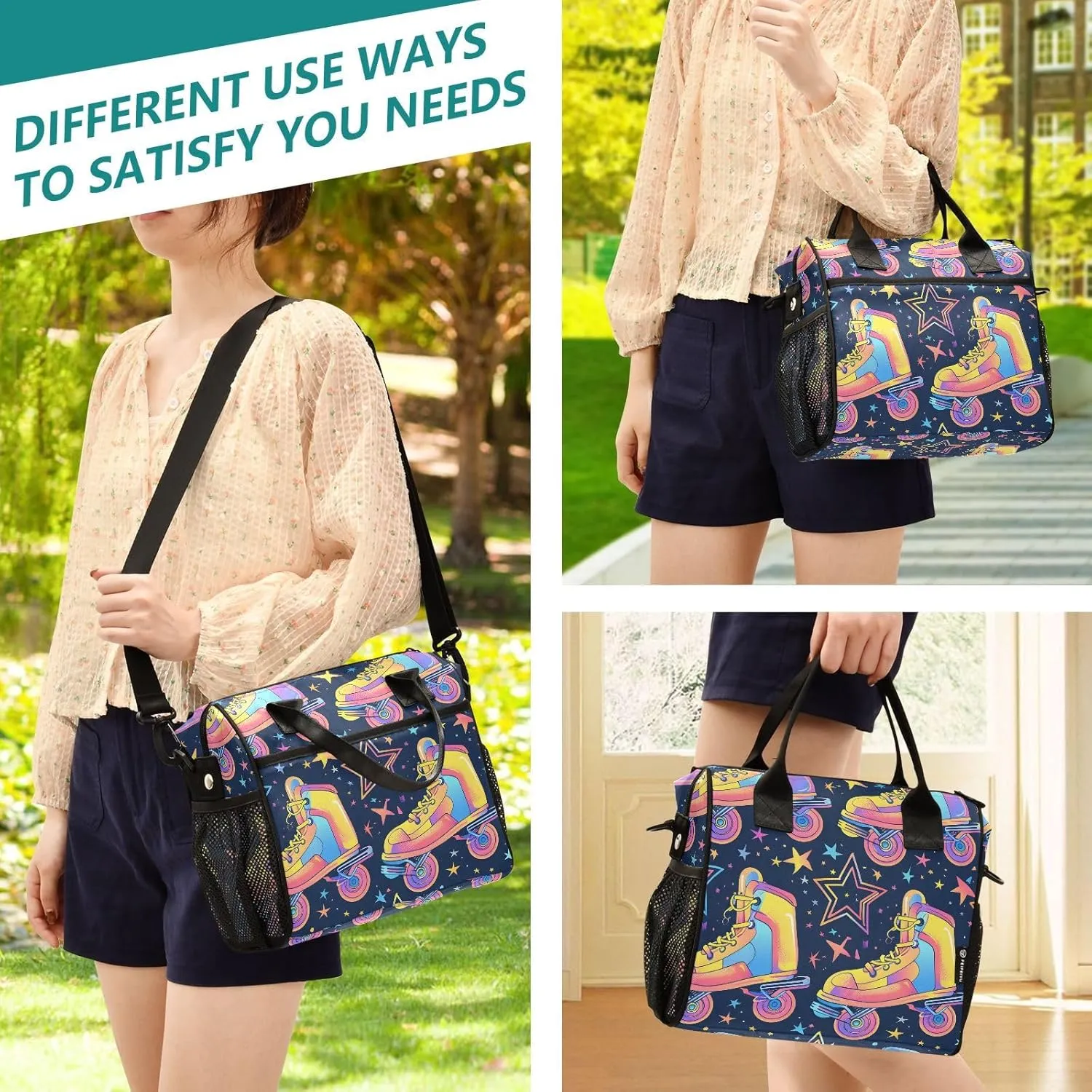 Retro Rollers Skates Disco Lunch Bag Women Cooler Bags Lunch Tote Bags for Men Reusable Insulated Lunch Box Crossbody with Shoulder Strap Leakproof Work Picnic S