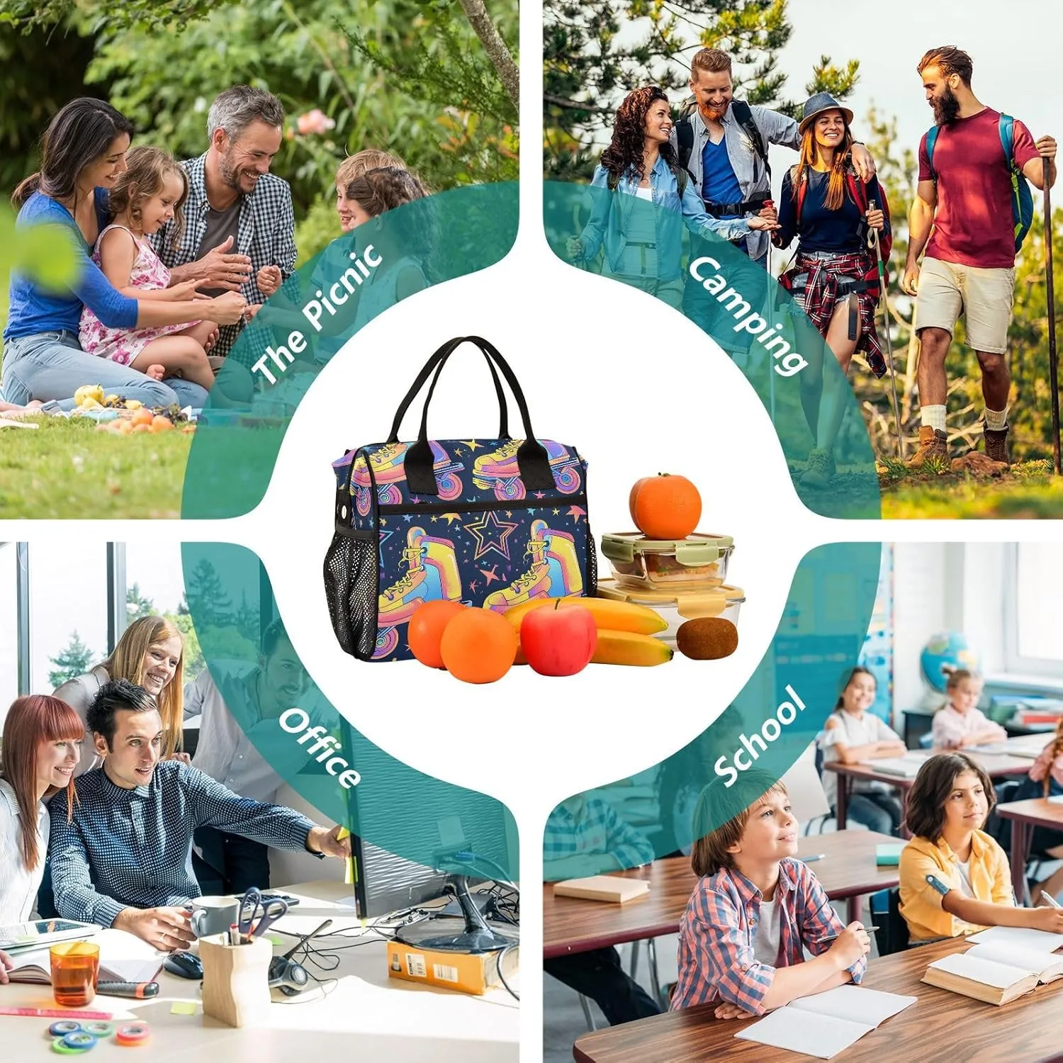 Retro Rollers Skates Disco Lunch Bag Women Cooler Bags Lunch Tote Bags for Men Reusable Insulated Lunch Box Crossbody with Shoulder Strap Leakproof Work Picnic S