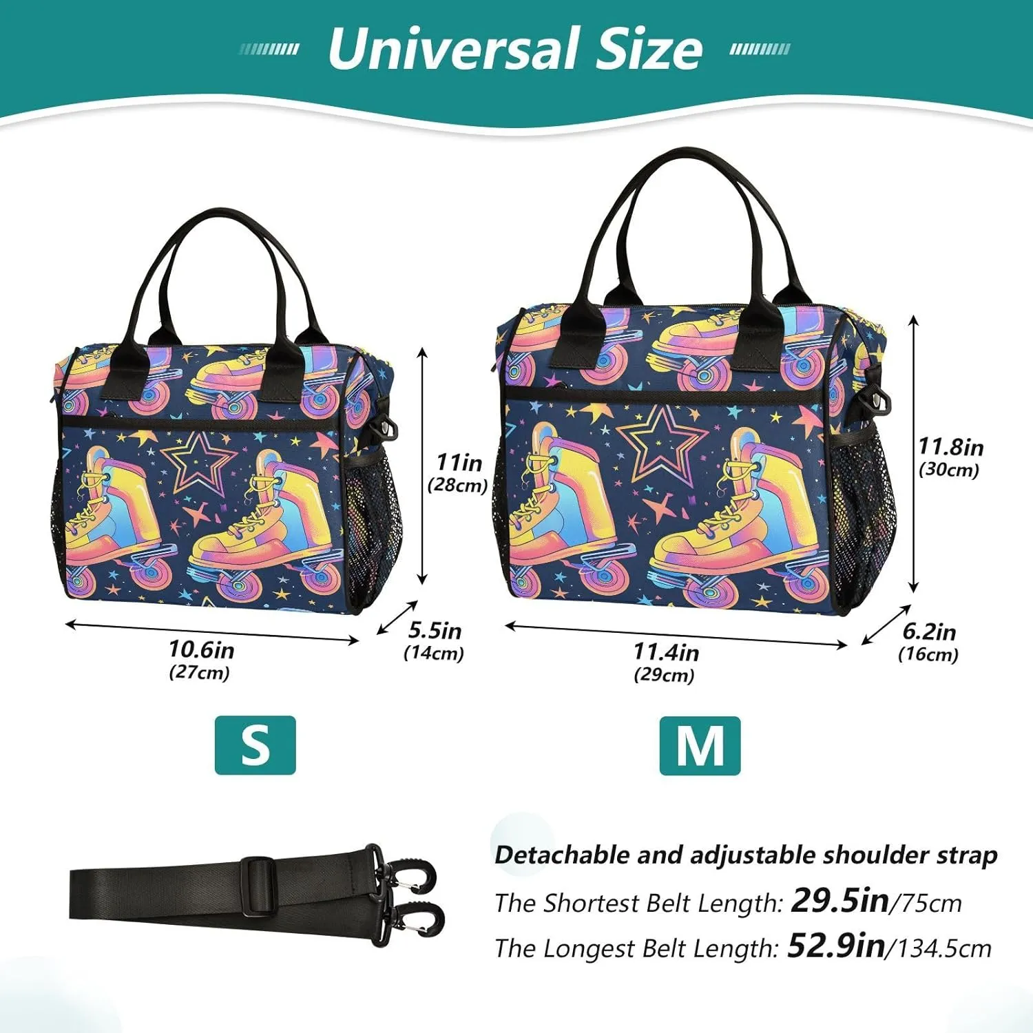 Retro Rollers Skates Disco Lunch Bag Women Cooler Bags Lunch Tote Bags for Men Reusable Insulated Lunch Box Crossbody with Shoulder Strap Leakproof Work Picnic S