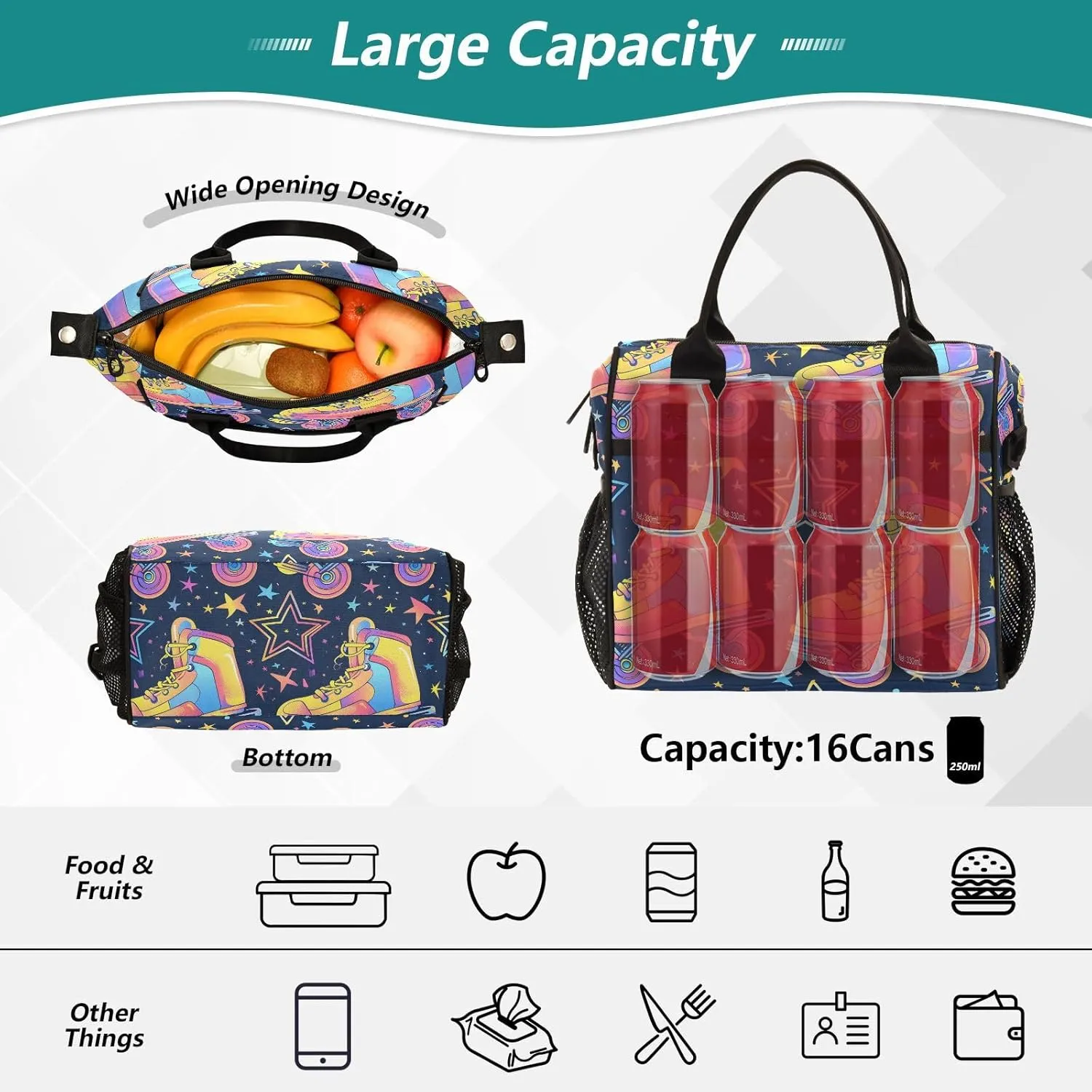 Retro Rollers Skates Disco Lunch Bag Women Cooler Bags Lunch Tote Bags for Men Reusable Insulated Lunch Box Crossbody with Shoulder Strap Leakproof Work Picnic S