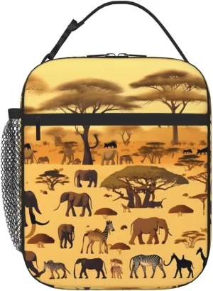 Reusable insulated bag, African grassland animals cooler tote bag, unisex portable storage bag, lunch bag for work office school travel