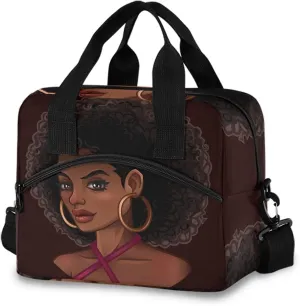 Reusable Lunch Bag for Girls Women,Beautiful African American Girl Lunch Box Container with Detachable Shoulder Strap,Insulated Lunch Coolers for School Office