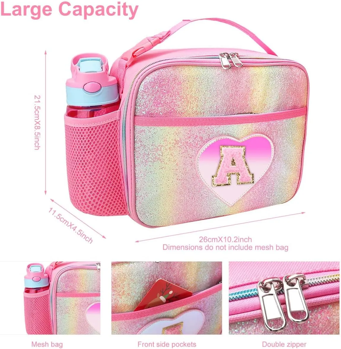 RHCPFOVR Kids Initial Lunch Bag - Insulated Lunch Box for Boys Girls,Washable Lunch Bag and Reusable Toddler Leak-proof Lunchbox for School and Daycare Pink Z