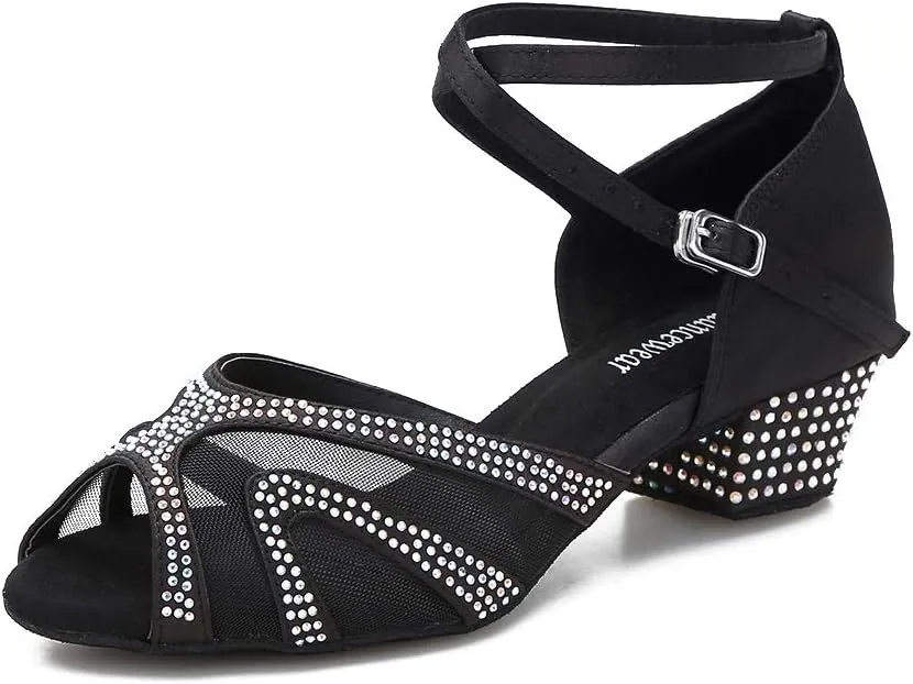 Rhinestones Ballroom Dance Shoes Women Latin Salsa Bachata Performance Dance Shoes Suede Sole