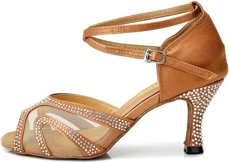 Rhinestones Ballroom Dance Shoes Women Latin Salsa Bachata Performance Dance Shoes Suede Sole