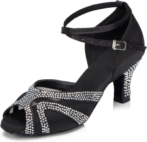 Rhinestones Ballroom Dance Shoes Women Latin Salsa Bachata Performance Dance Shoes Suede Sole