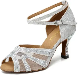 Rhinestones Ballroom Dance Shoes Women Latin Salsa Bachata Performance Dance Shoes Suede Sole