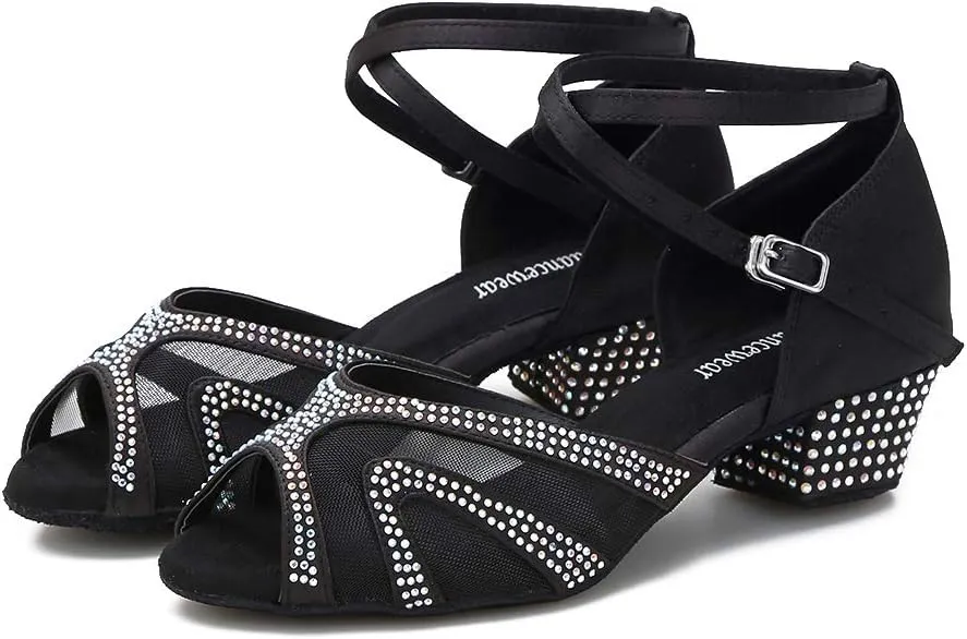 Rhinestones Ballroom Dance Shoes Women Latin Salsa Bachata Performance Dance Shoes Suede Sole