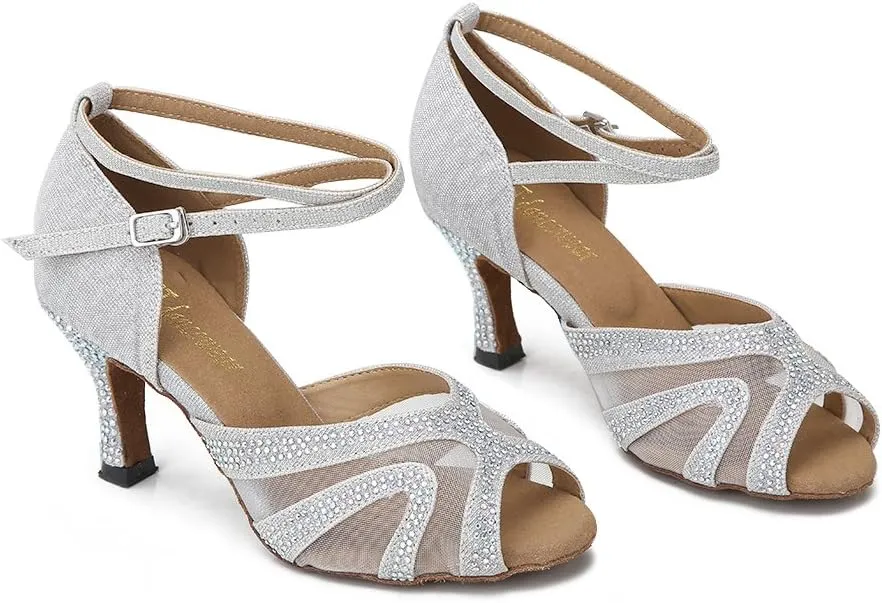 Rhinestones Ballroom Dance Shoes Women Latin Salsa Bachata Performance Dance Shoes Suede Sole