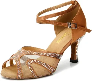 Rhinestones Ballroom Dance Shoes Women Latin Salsa Bachata Performance Dance Shoes Suede Sole